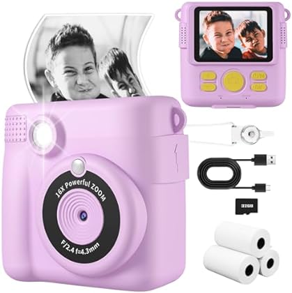 Instant Print Camera, Kids Camera Digital Camera 1080P HD Photo and Video Recording with 32G SD Card, 3 Rolls Photo Paper ...